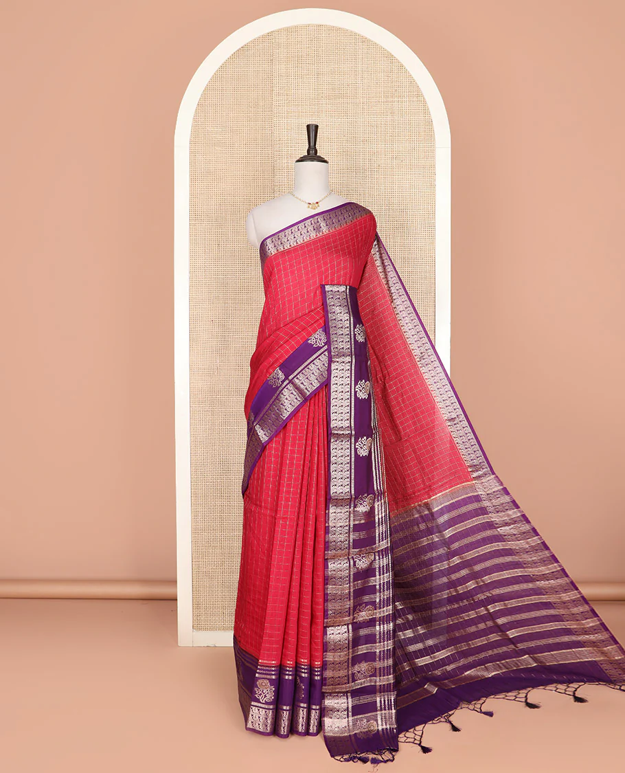 Red zari checked Assam silk saree, contrast traditional zari border of peacock and floral designs, and pallu of zari stripes