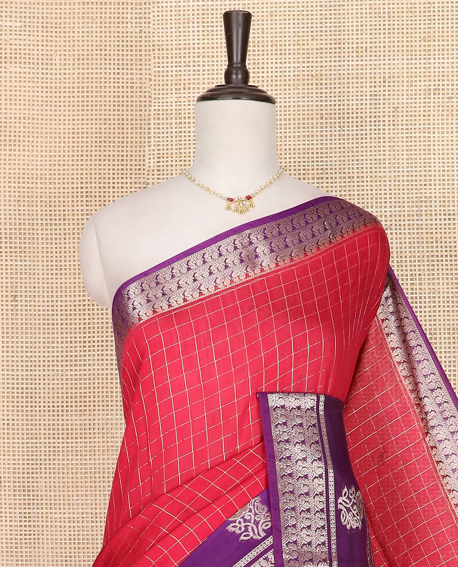 Red zari checked Assam silk saree, contrast traditional zari border of peacock and floral designs, and pallu of zari stripes - Image 2