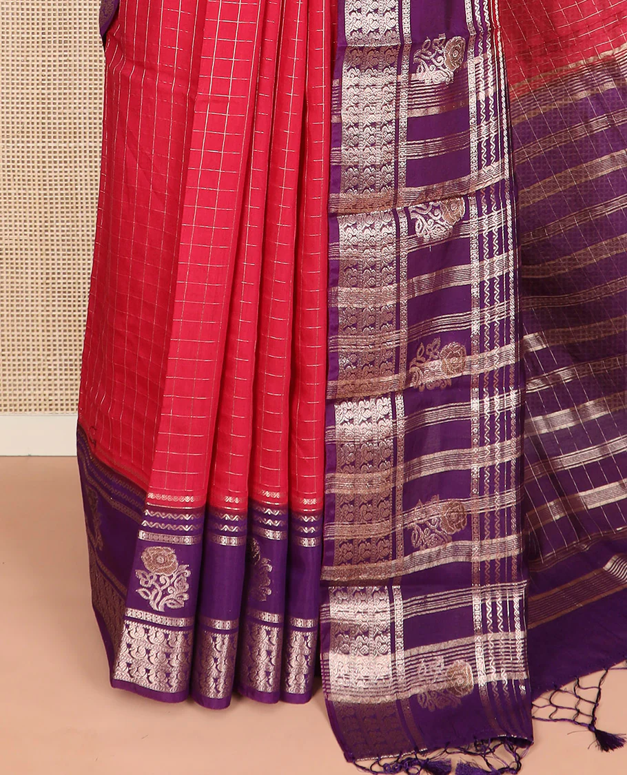 Red zari checked Assam silk saree, contrast traditional zari border of peacock and floral designs, and pallu of zari stripes - Image 3