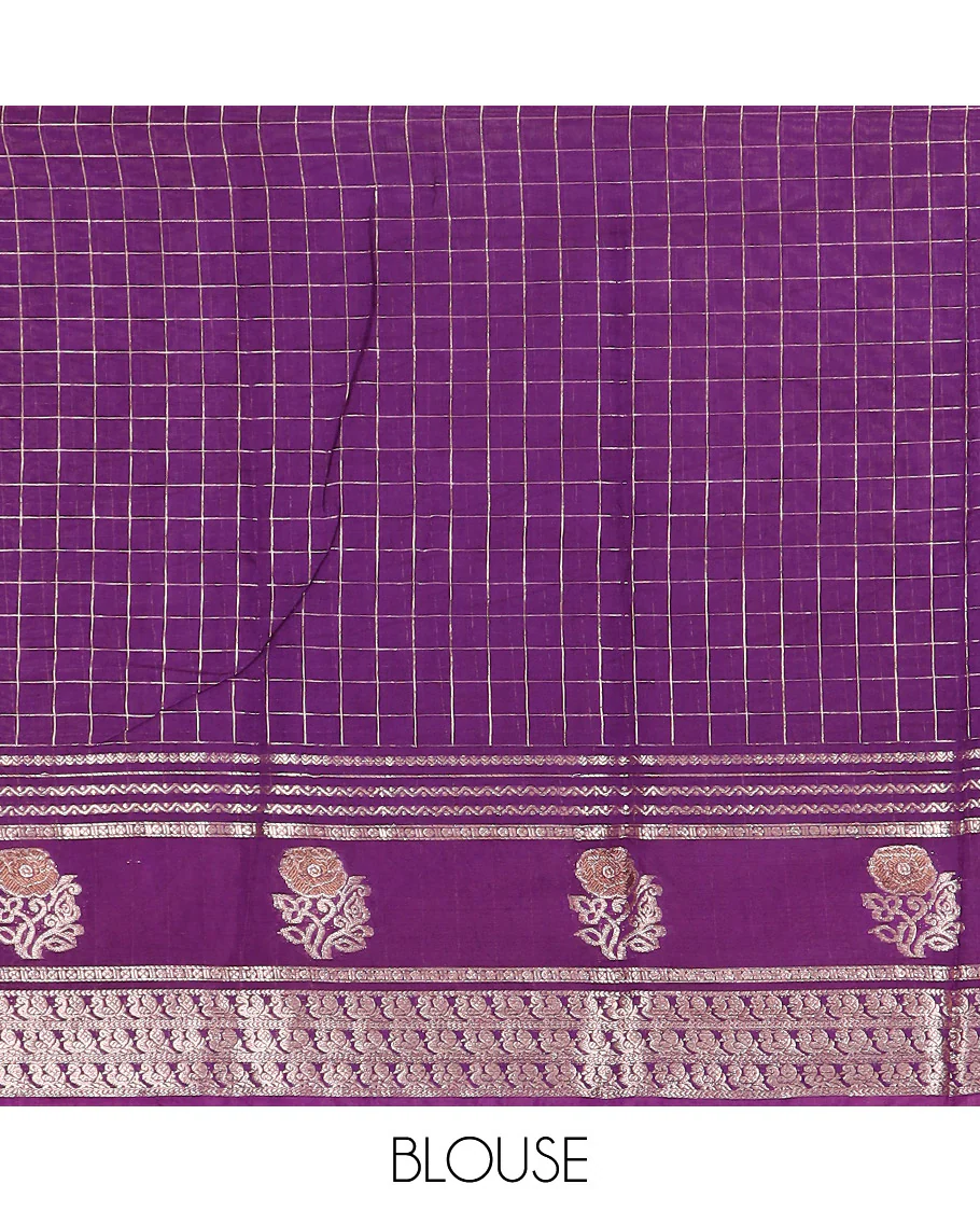 Red zari checked Assam silk saree, contrast traditional zari border of peacock and floral designs, and pallu of zari stripes - Image 4
