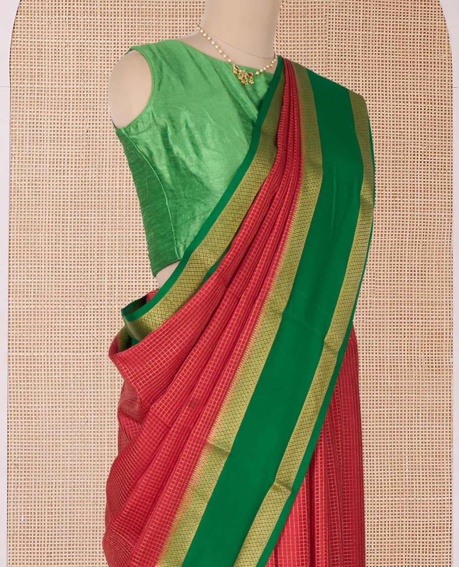 Red zari checked Mysore silk saree, contrast rettai pettu peacock eye zari border, and pallu of zari stripes - Image 3