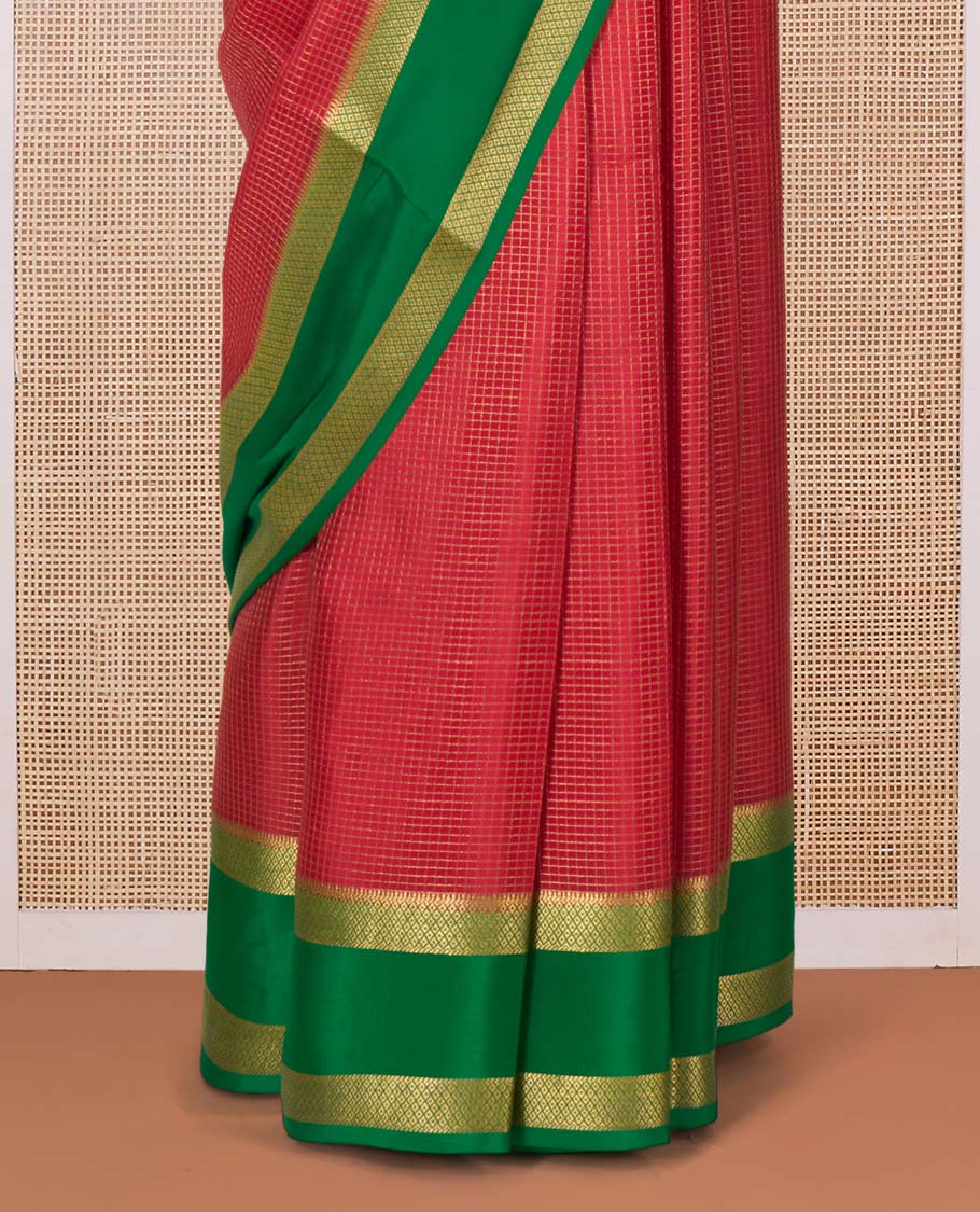Red zari checked Mysore silk saree, contrast rettai pettu peacock eye zari border, and pallu of zari stripes - Image 4
