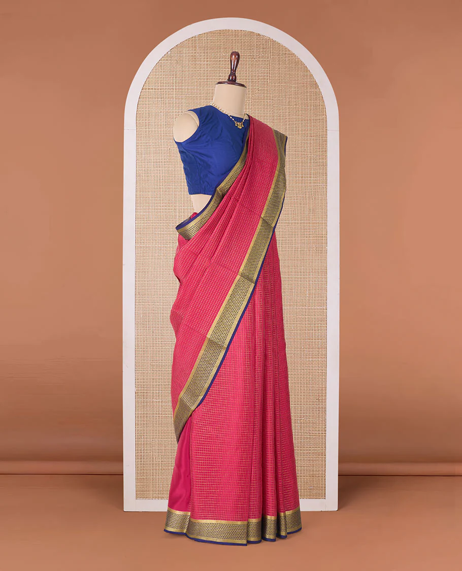 Red zari checked Mysore silk saree, contrast traditional zari border of jaal designs, and traditional zari pallu
