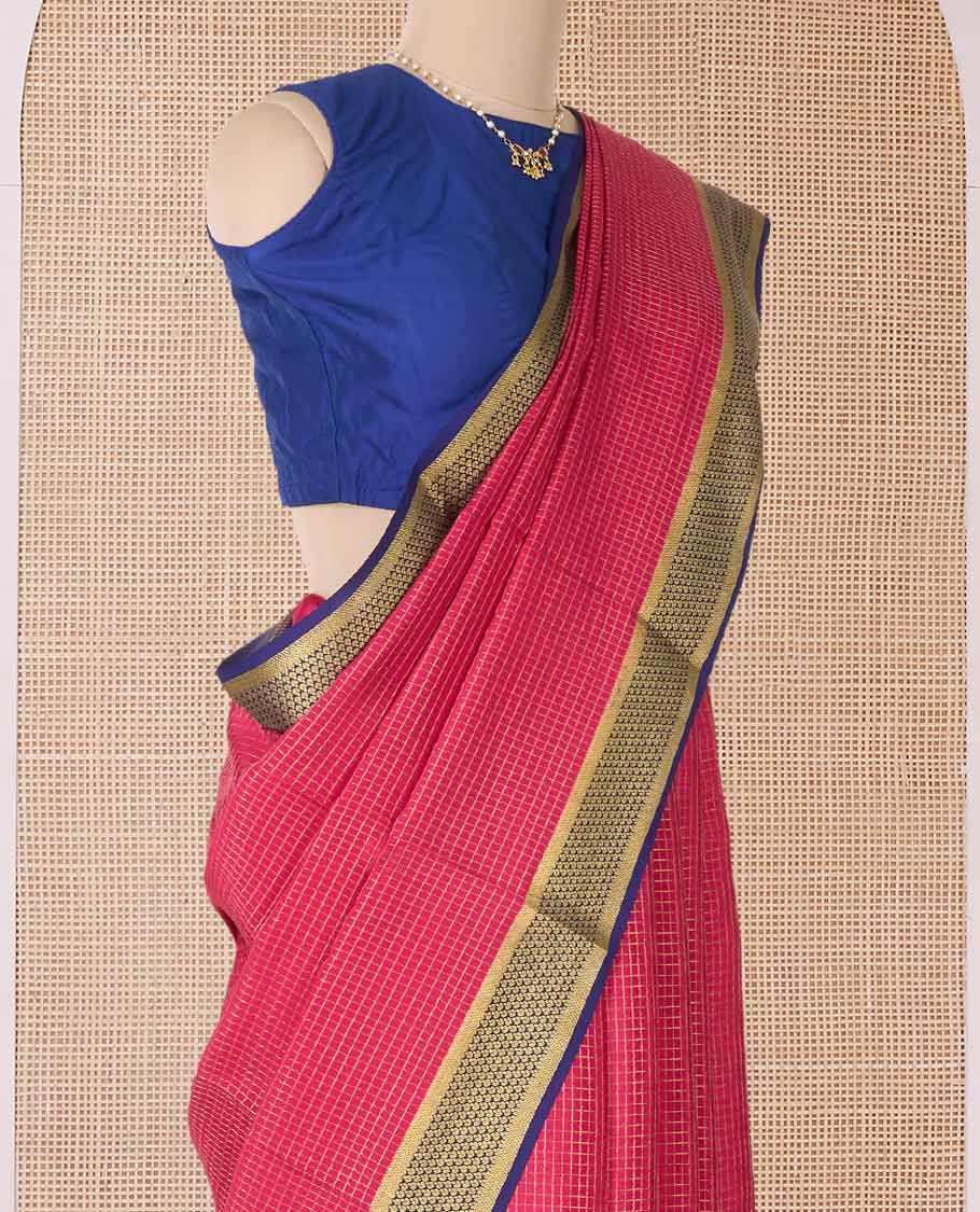 Red zari checked Mysore silk saree, contrast traditional zari border of jaal designs, and traditional zari pallu - Image 3