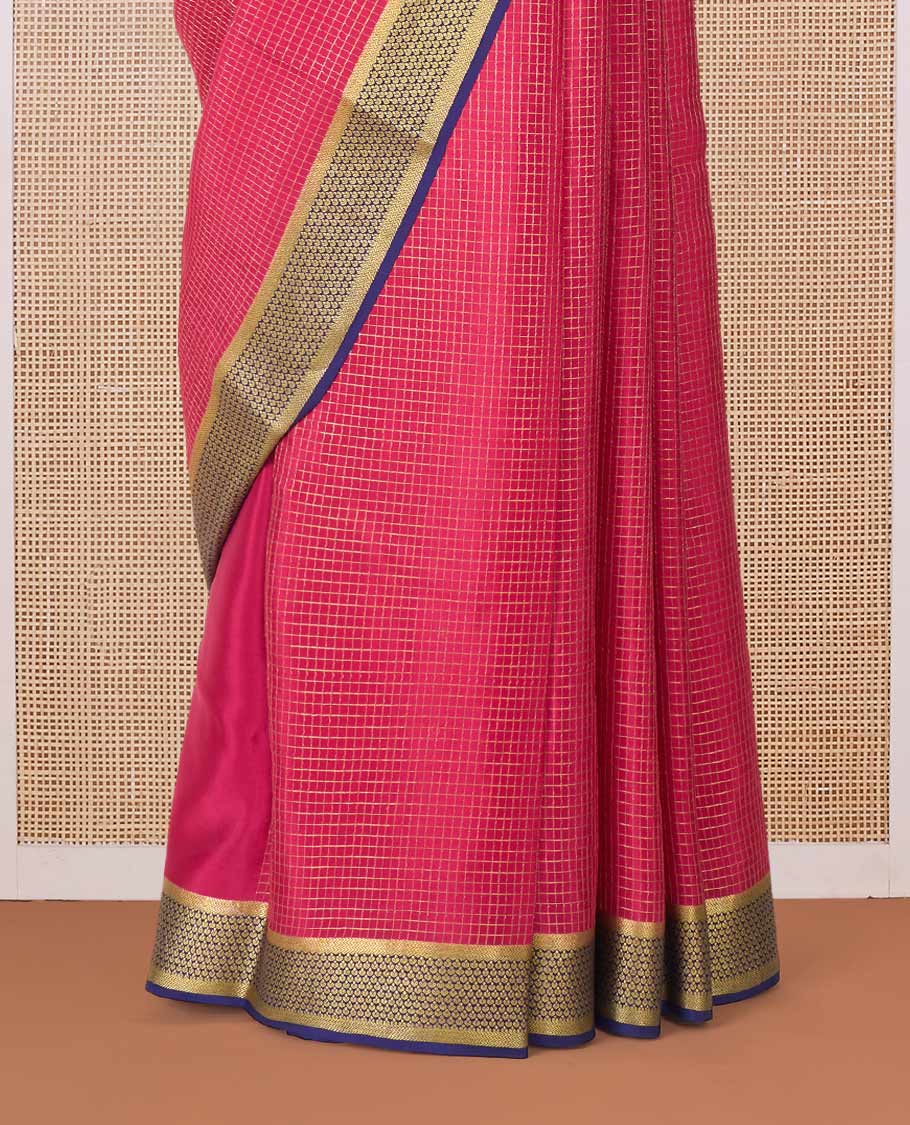 Red zari checked Mysore silk saree, contrast traditional zari border of jaal designs, and traditional zari pallu - Image 4