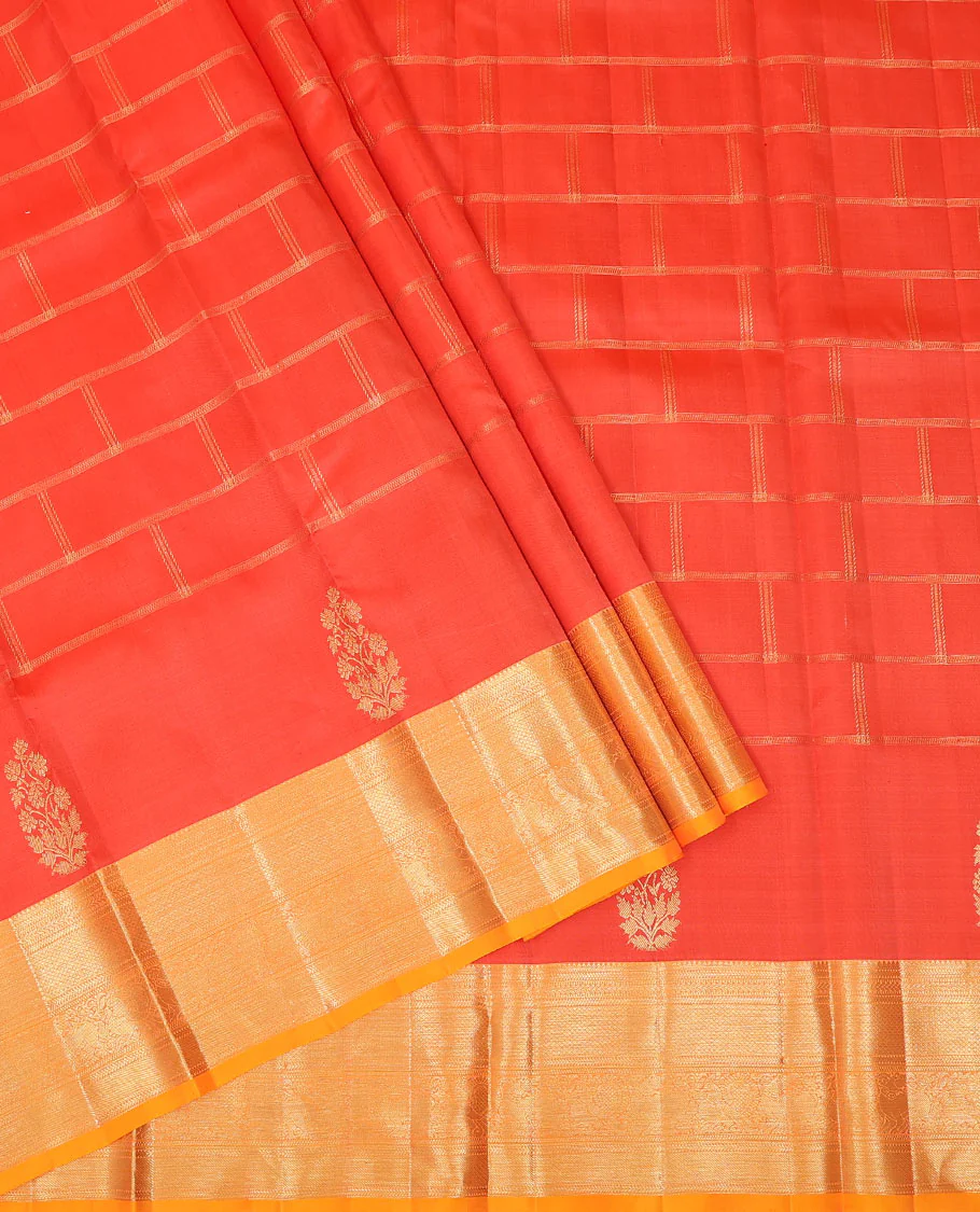 Red zari checked pure-silk half-saree with contrast traditional border of peacock designs, contrast zari bordered blouse, and a dhavani of intricate designs - Image 2