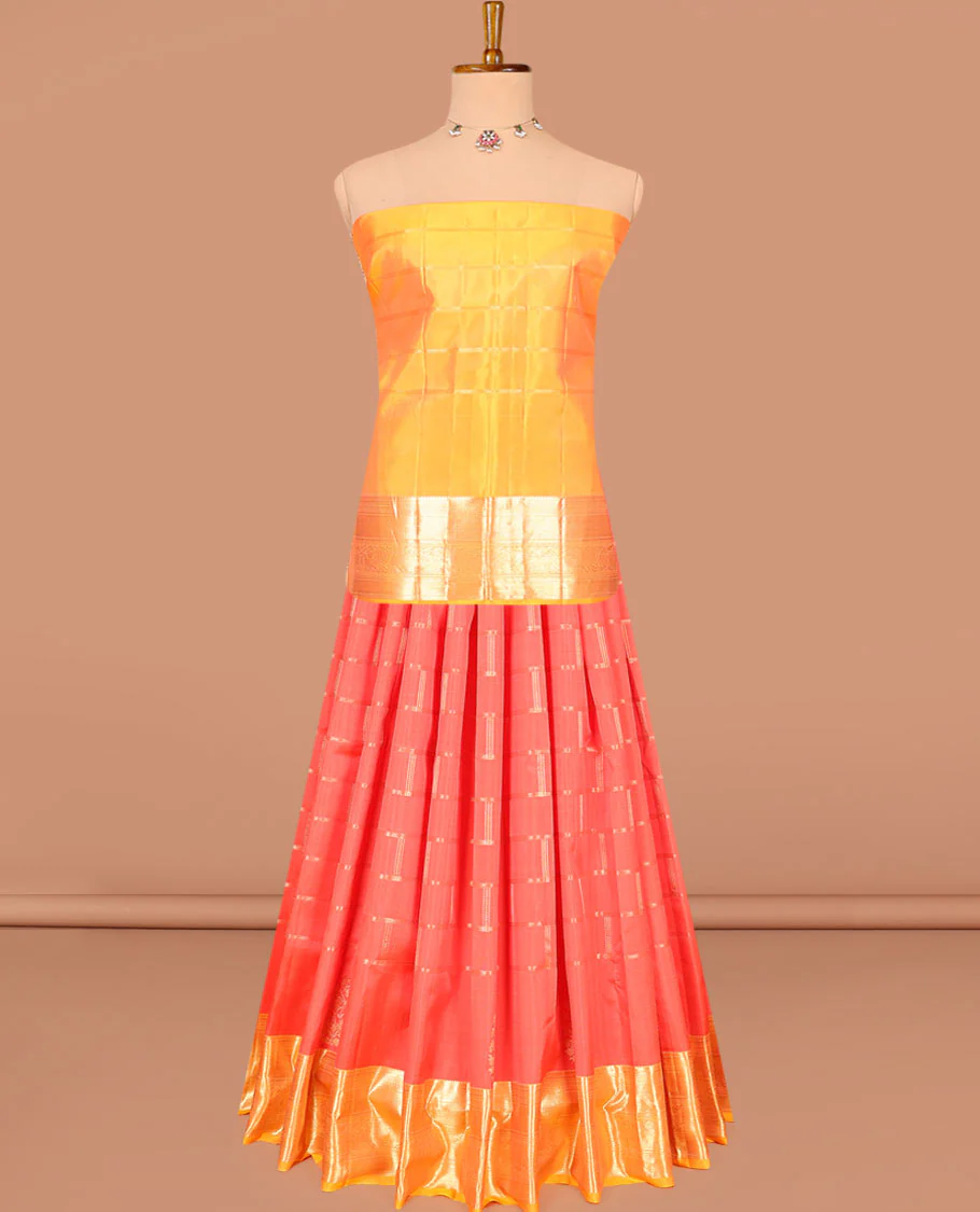 Red zari checked pure-silk half-saree with contrast traditional border of peacock designs, contrast zari bordered blouse, and a dhavani of intricate designs - Image 3