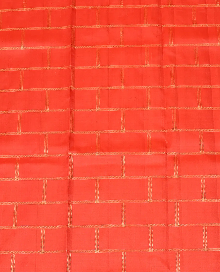 Red zari checked pure-silk half-saree with contrast traditional border of peacock designs, contrast zari bordered blouse, and a dhavani of intricate designs - Image 4