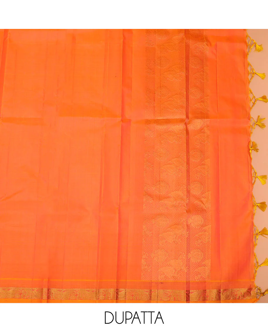 Red zari checked pure-silk half-saree with contrast traditional border of peacock designs, contrast zari bordered blouse, and a dhavani of intricate designs - Image 5
