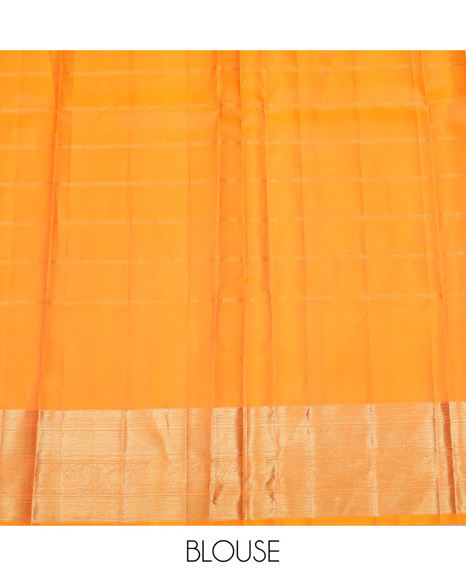 Red zari checked pure-silk half-saree with contrast traditional border of peacock designs, contrast zari bordered blouse, and a dhavani of intricate designs - Image 6