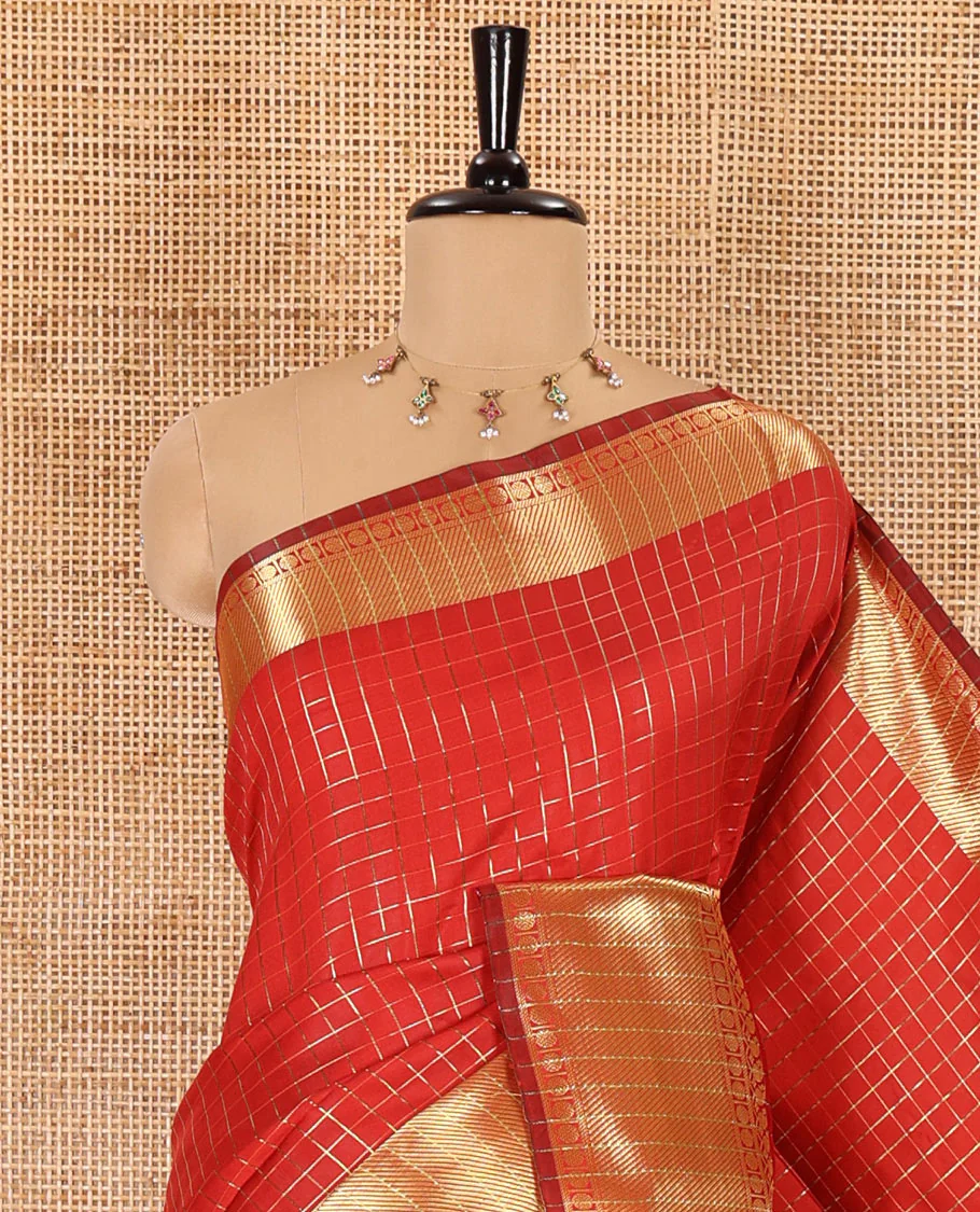 Red zari checked semi-katan silk saree, traditional zari border, zari-rich pallu, and a matching blouse - Image 2