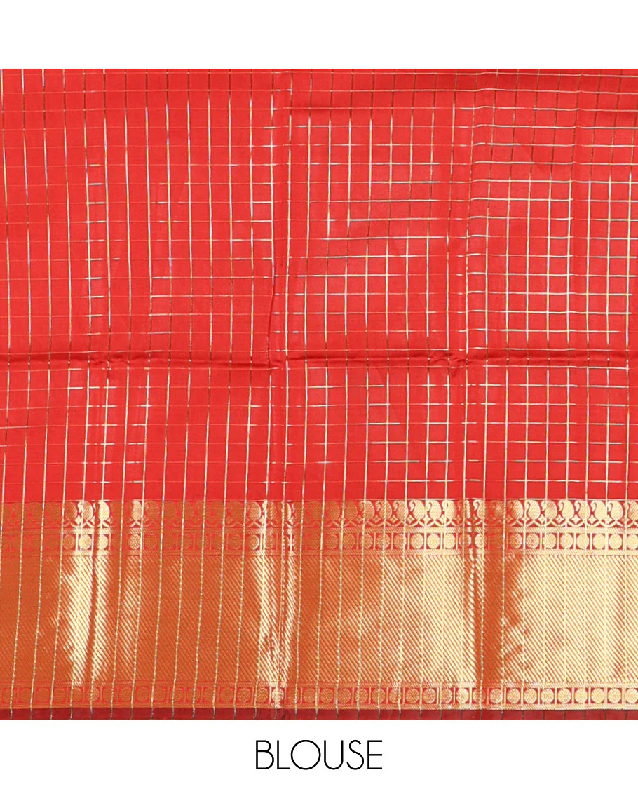 Red zari checked semi-katan silk saree, traditional zari border, zari-rich pallu, and a matching blouse - Image 3