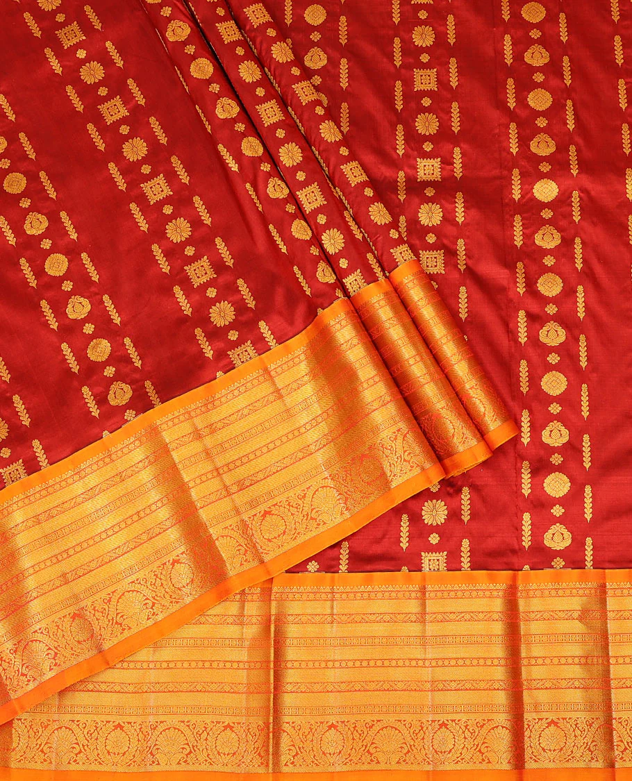 Red zari design pure-silk half-saree with contrast border of traditional zari designs, contrast zari bordered blouse, and a dhavani of manga designs - Image 2