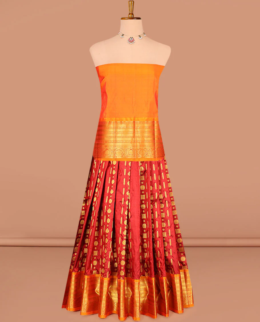 Red zari design pure-silk half-saree with contrast border of traditional zari designs, contrast zari bordered blouse, and a dhavani of manga designs - Image 3