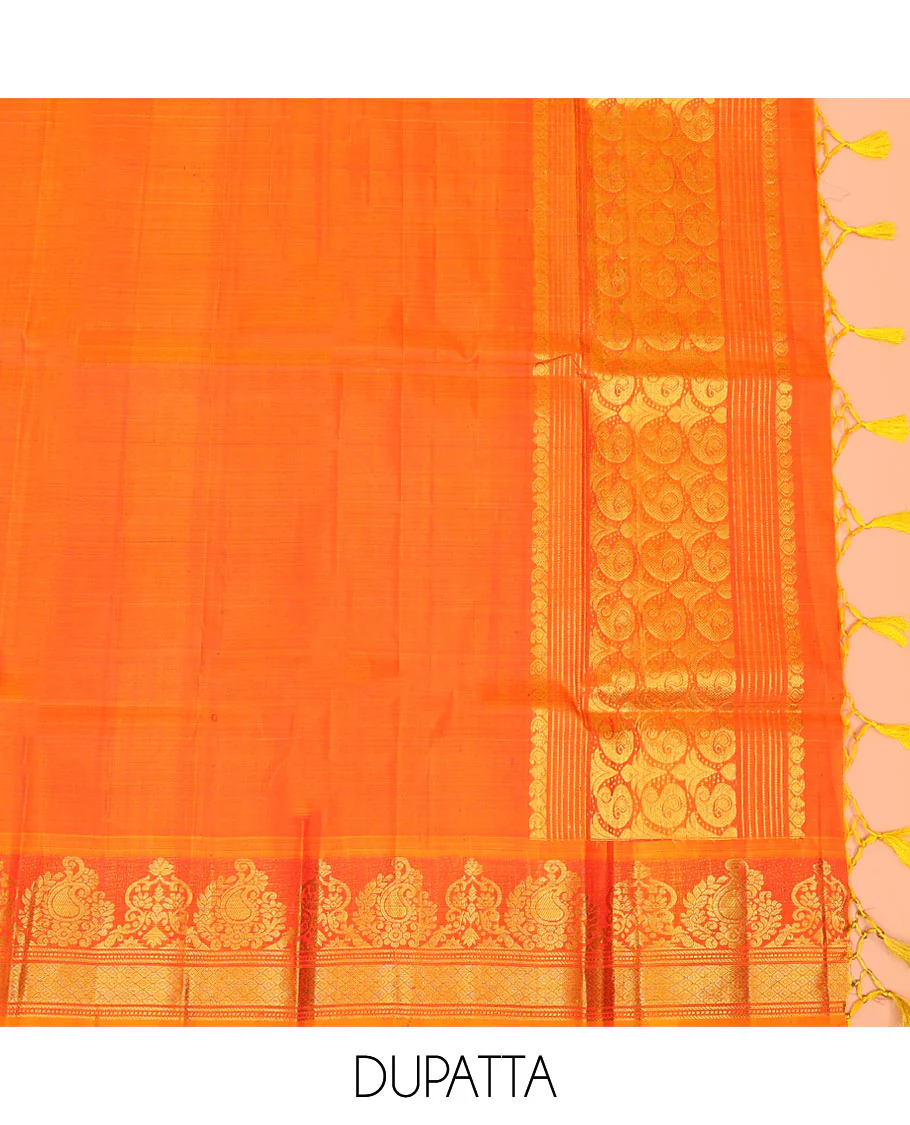 Red zari design pure-silk half-saree with contrast border of traditional zari designs, contrast zari bordered blouse, and a dhavani of manga designs - Image 5