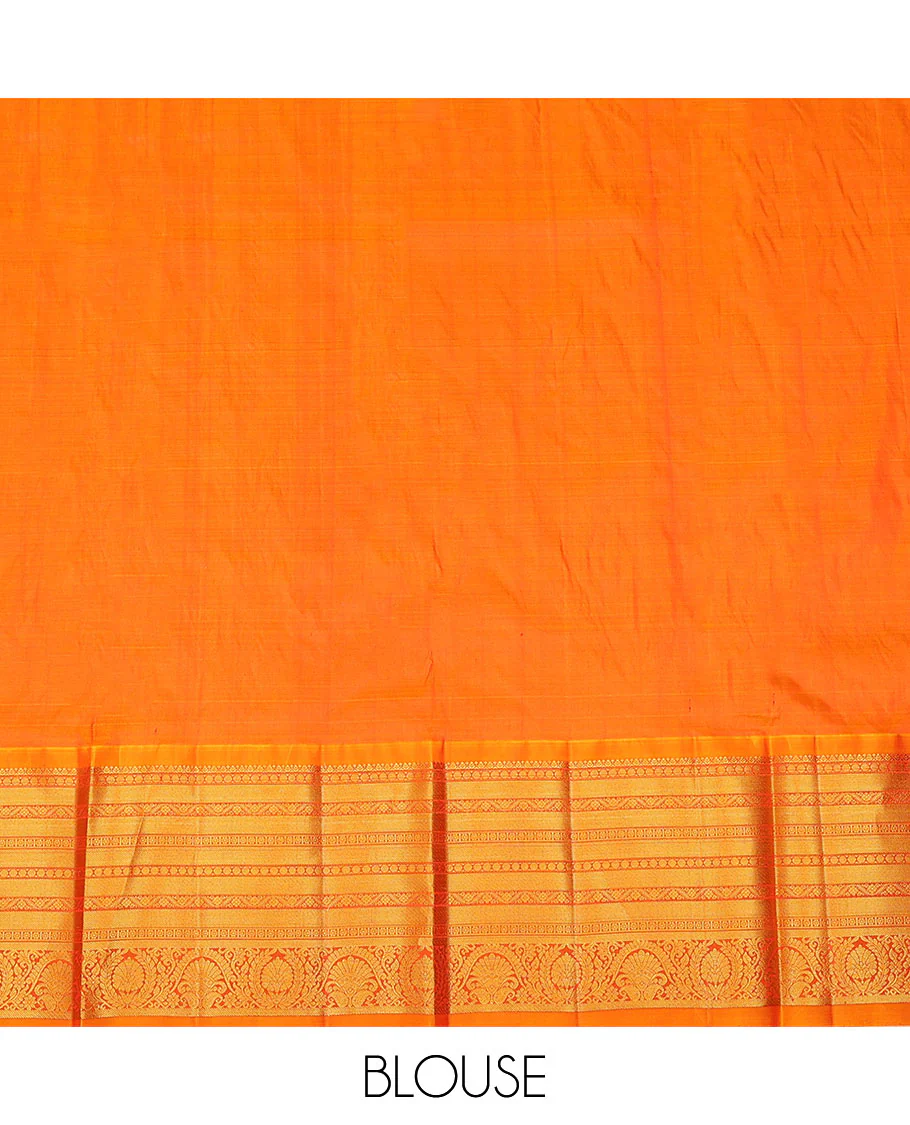 Red zari design pure-silk half-saree with contrast border of traditional zari designs, contrast zari bordered blouse, and a dhavani of manga designs - Image 6