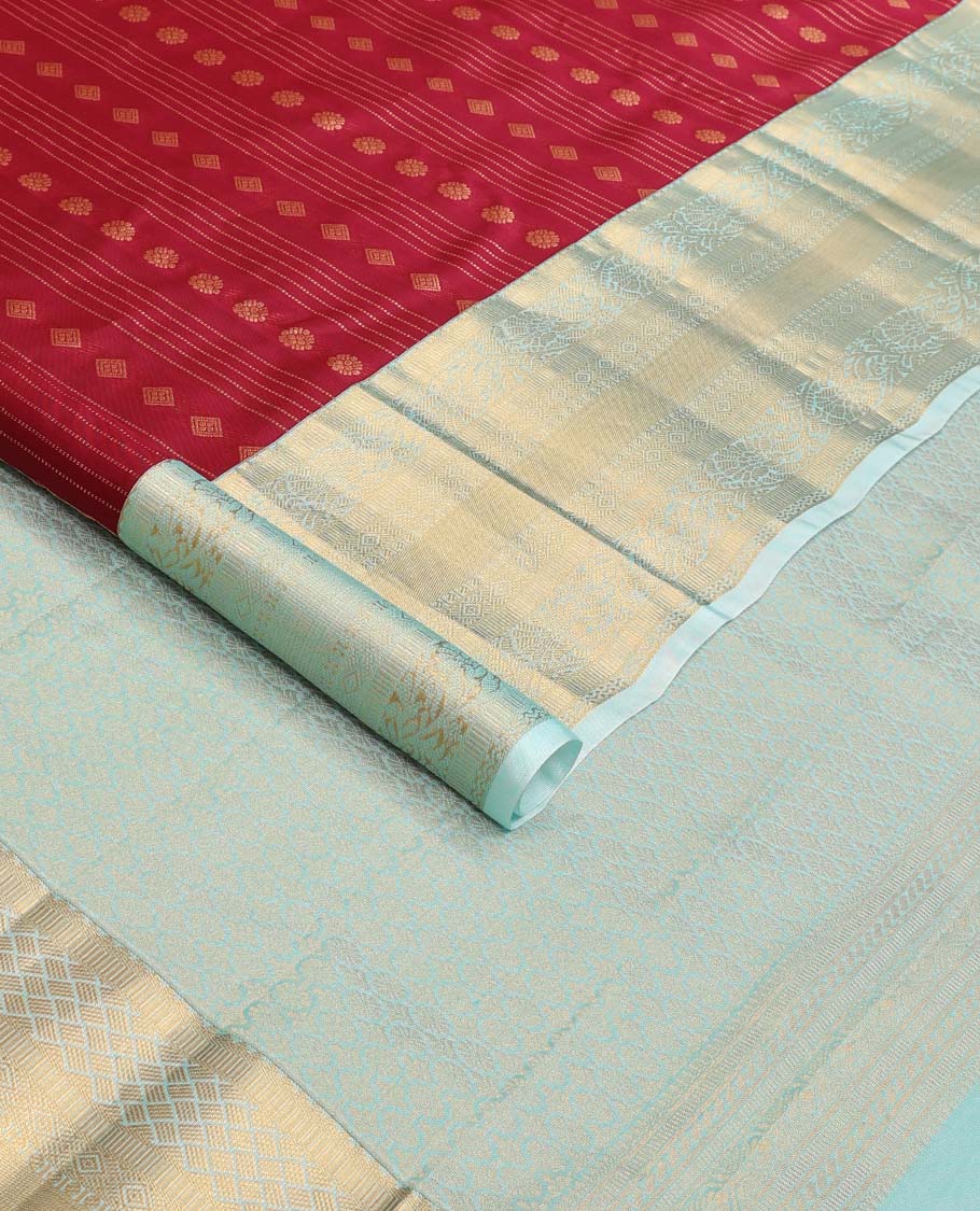 Red zari design Vasundhara Lite Silk Mix Saree, contrast traditional zari border of kodi visiry designs, and intricate pallu - Image 2