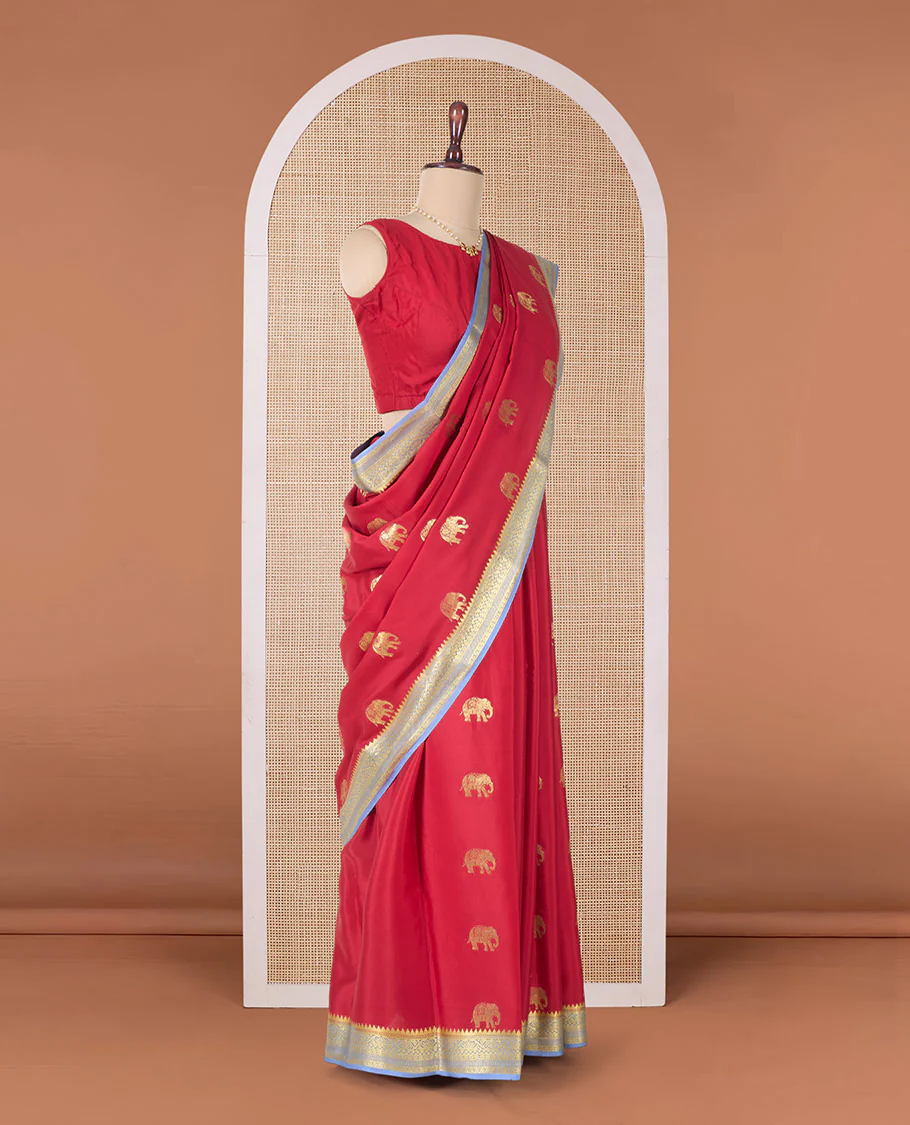 Red zari elephant motifs woven Mysore silk saree, contrast traditional zari border and pallu of zari-rich paisley designs