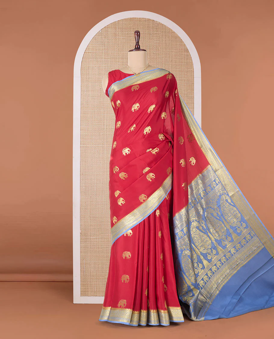 Red zari elephant motifs woven Mysore silk saree, contrast traditional zari border and pallu of zari-rich paisley designs - Image 2