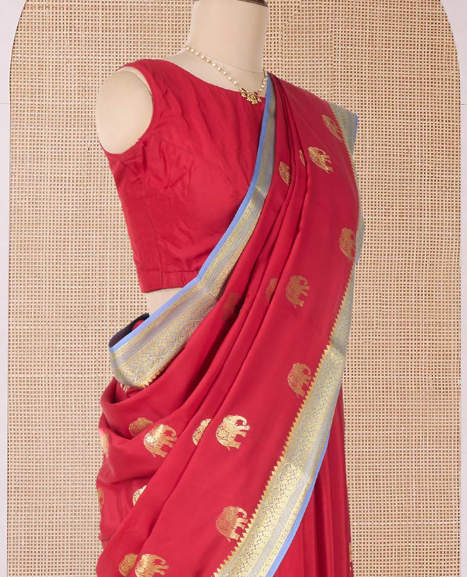 Red zari elephant motifs woven Mysore silk saree, contrast traditional zari border and pallu of zari-rich paisley designs - Image 3