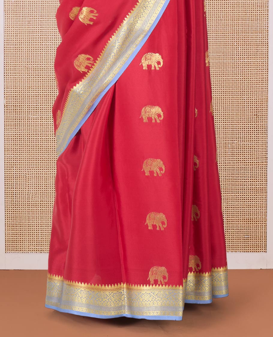 Red zari elephant motifs woven Mysore silk saree, contrast traditional zari border and pallu of zari-rich paisley designs - Image 4