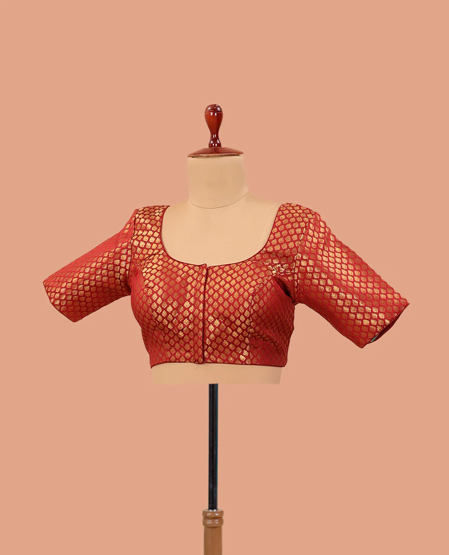 Red zari jacquard front-back round neck elbow sleeve readymade blouse