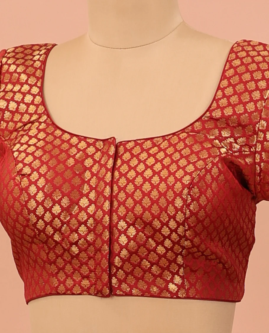 Red zari jacquard front-back round neck elbow sleeve readymade blouse - Image 2