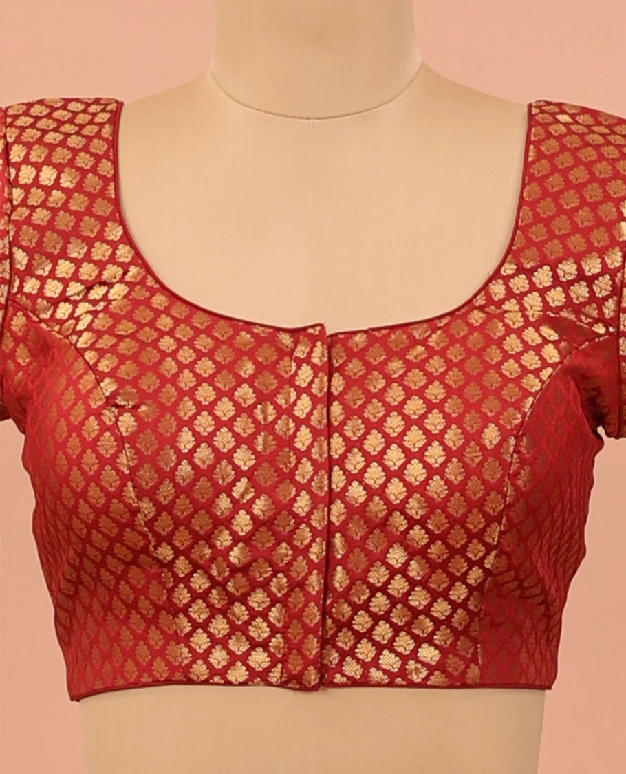 Red zari jacquard front-back round neck elbow sleeve readymade blouse - Image 3