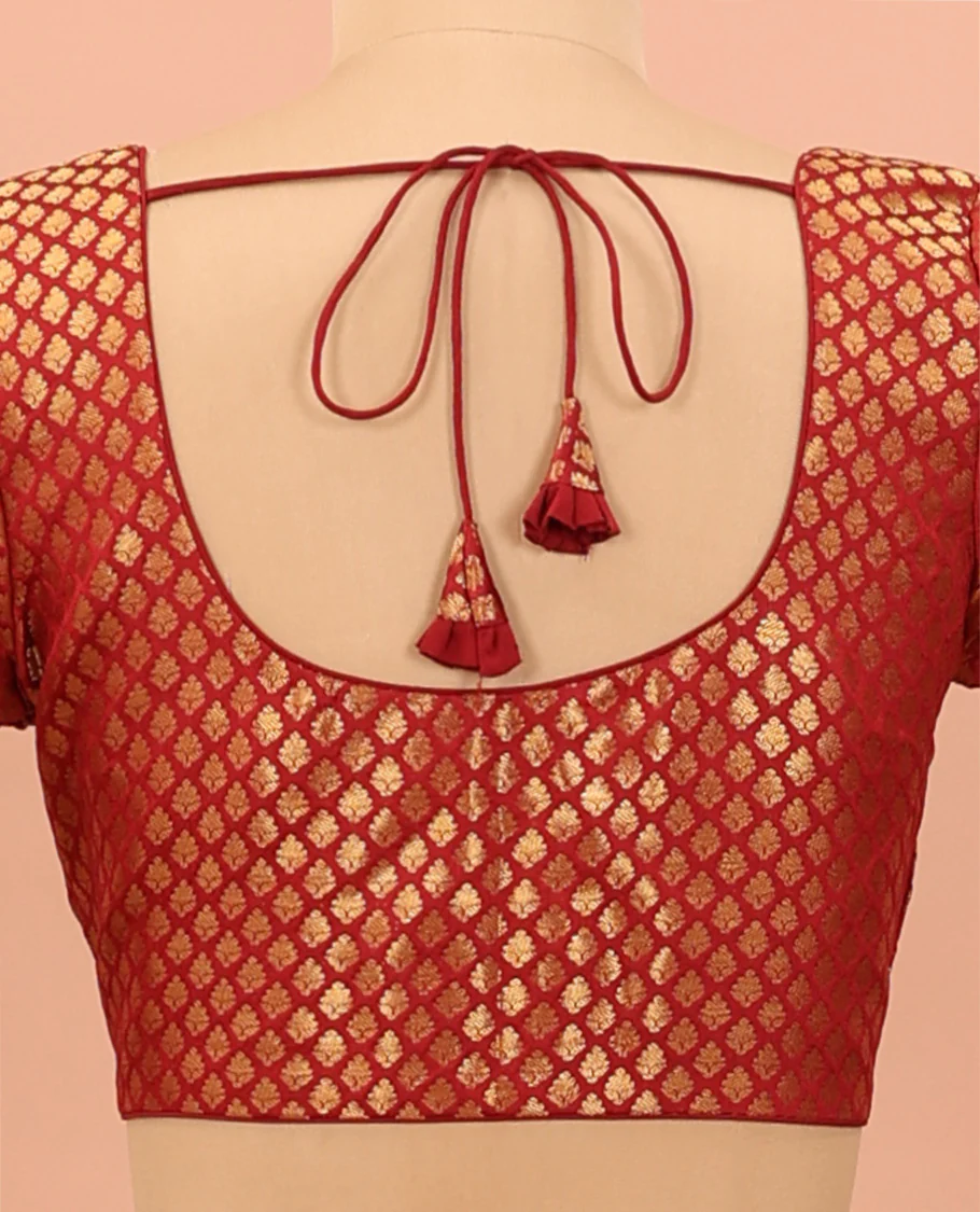 Red zari jacquard front-back round neck elbow sleeve readymade blouse - Image 4