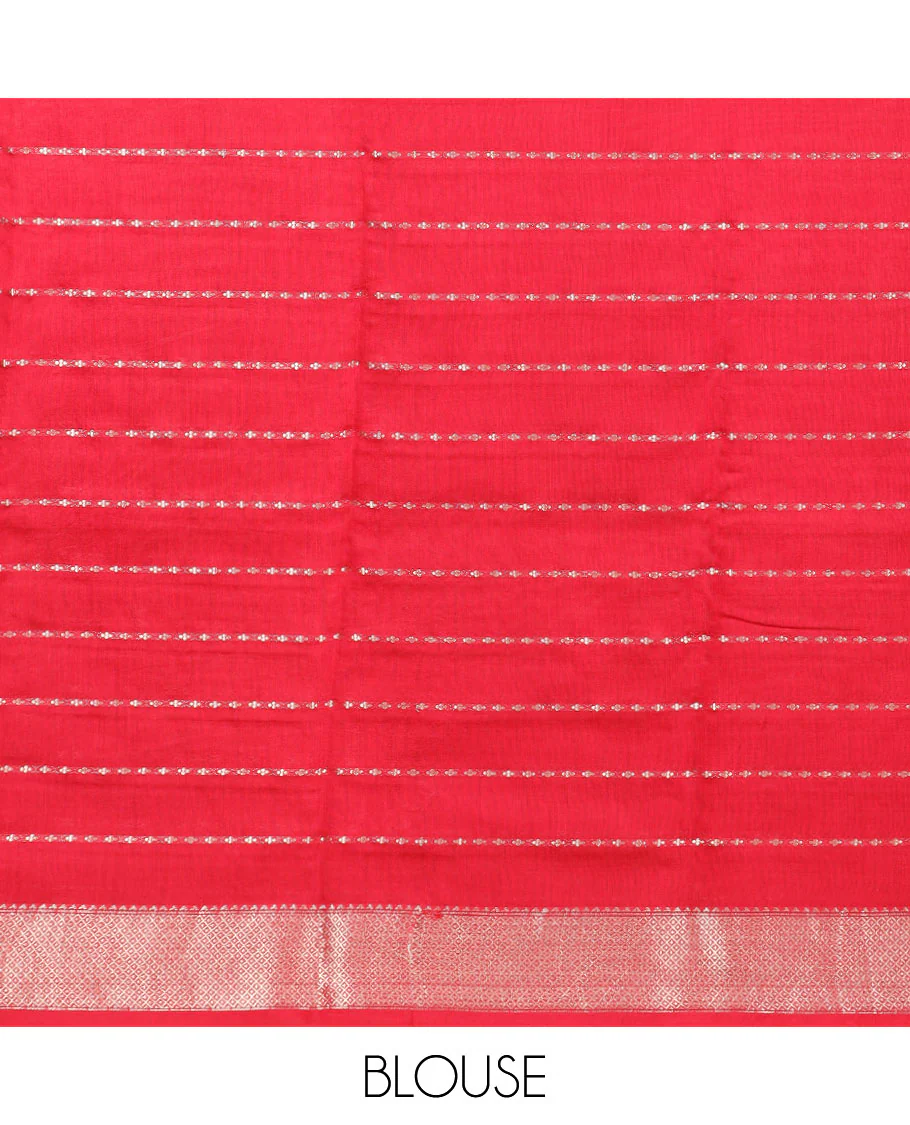 Red zari striped assam silk saree, contrast traditional zari design border, and zari design pallu - Image 3