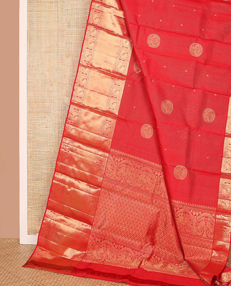 Red zari stripes and buttas Kanchipuram silk saree,  zari border of thilakam, paisa, round mayil, and mayil kann designs, and jaal pallu - Image 3