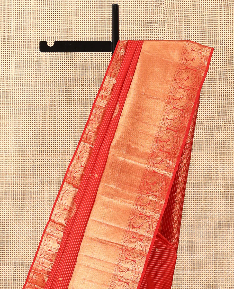 Red zari stripes and buttas Kanchipuram silk saree,  zari border of thilakam, paisa, round mayil, and mayil kann designs, and jaal pallu - Image 4