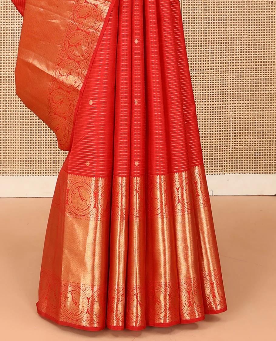 Red zari stripes and buttas Kanchipuram silk saree,  zari border of thilakam, paisa, round mayil, and mayil kann designs, and jaal pallu - Image 5