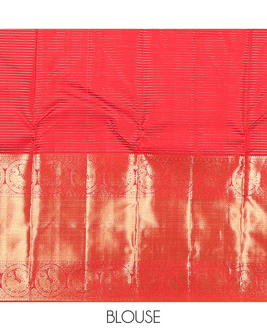 Red zari stripes and buttas Kanchipuram silk saree,  zari border of thilakam, paisa, round mayil, and mayil kann designs, and jaal pallu - Image 6