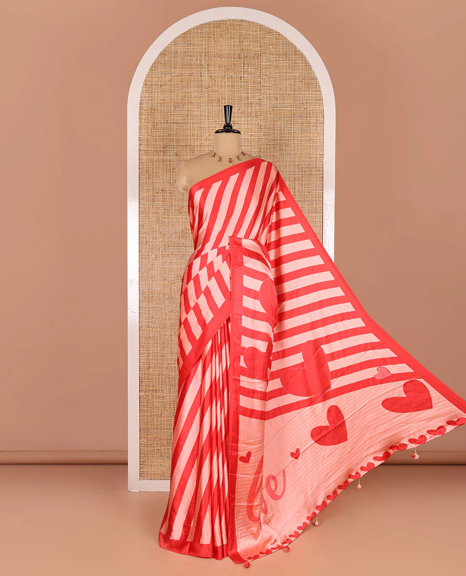 Redish pink striped valentine's day special satin crepe saree, plain border, Heart motifs printed pallu, and a heart motifs printed blouse