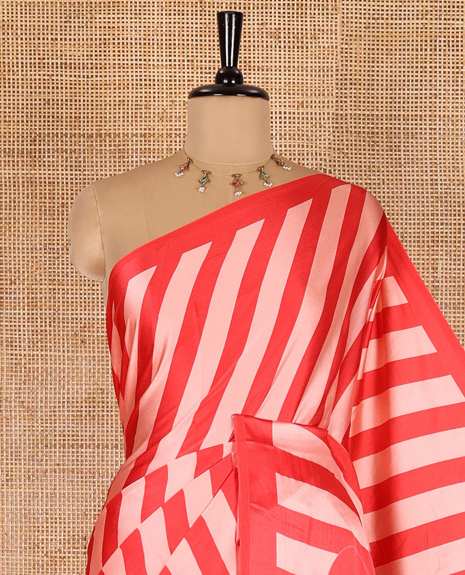 Redish pink striped valentine's day special satin crepe saree, plain border, Heart motifs printed pallu, and a heart motifs printed blouse - Image 2