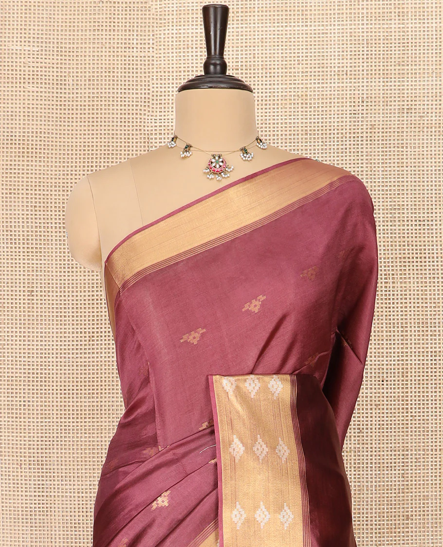 Redwood Color Banana Pith Saree Highlighted with Zari Buttas, Subtly Woven Piping Border, Pallu of Zari Stripes, and Paired with a Matching Plain Blouse - Image 2