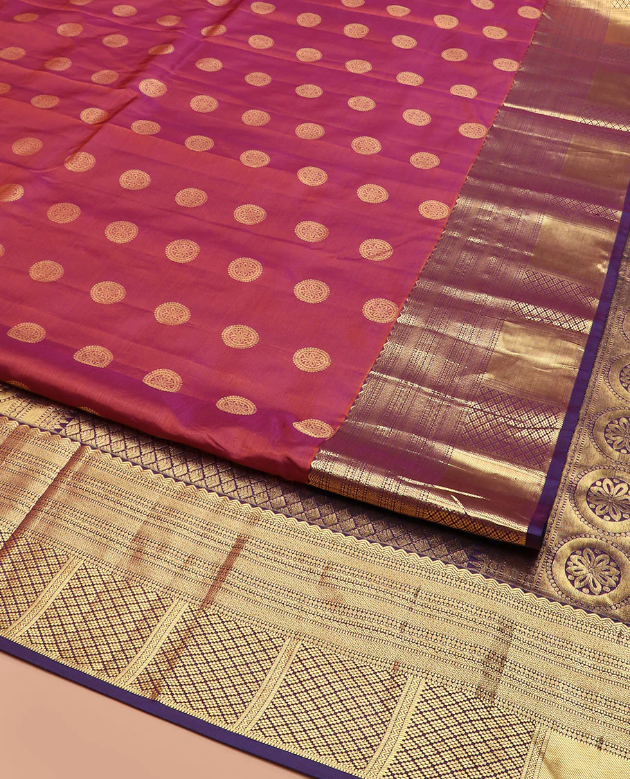 Rosewood Red Vasundhara Silk Saree Spotlighted with Chakram Buttas, Highlighted with a Contrast Border of Rekku, Muthu, Mayil Kann, and Jaal Designs, Pallu Majestically Detailed with Jaal Design, and Paired with a Contrast Blouse - Image 2