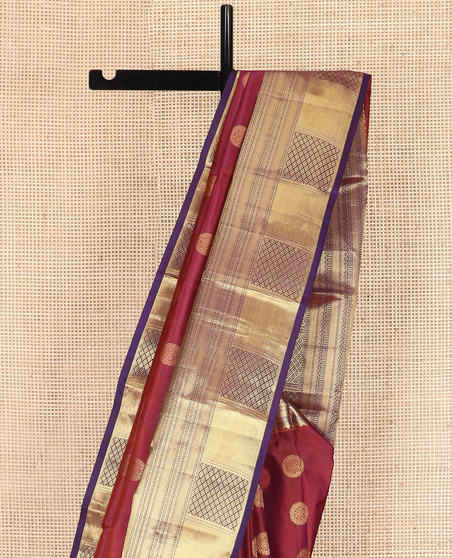 Rosewood Red Vasundhara Silk Saree Spotlighted with Chakram Buttas, Highlighted with a Contrast Border of Rekku, Muthu, Mayil Kann, and Jaal Designs, Pallu Majestically Detailed with Jaal Design, and Paired with a Contrast Blouse - Image 3