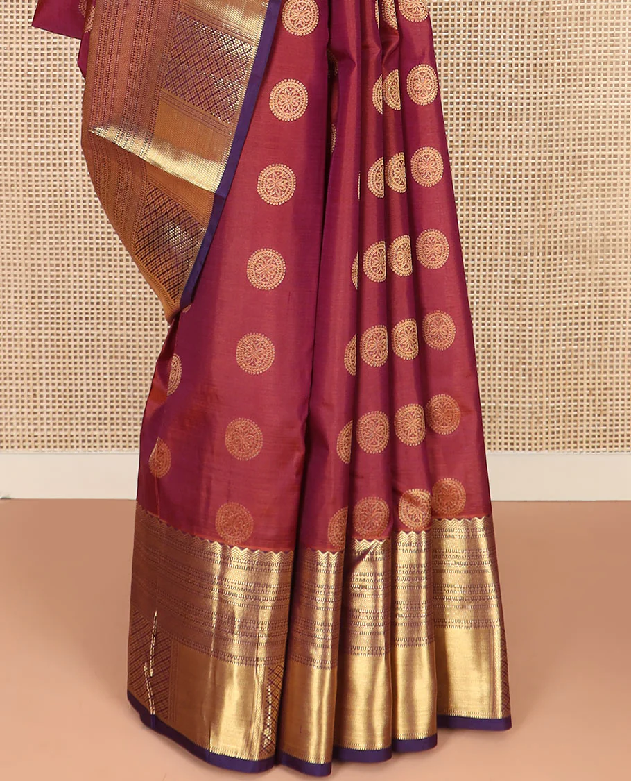 Rosewood Red Vasundhara Silk Saree Spotlighted with Chakram Buttas, Highlighted with a Contrast Border of Rekku, Muthu, Mayil Kann, and Jaal Designs, Pallu Majestically Detailed with Jaal Design, and Paired with a Contrast Blouse - Image 4