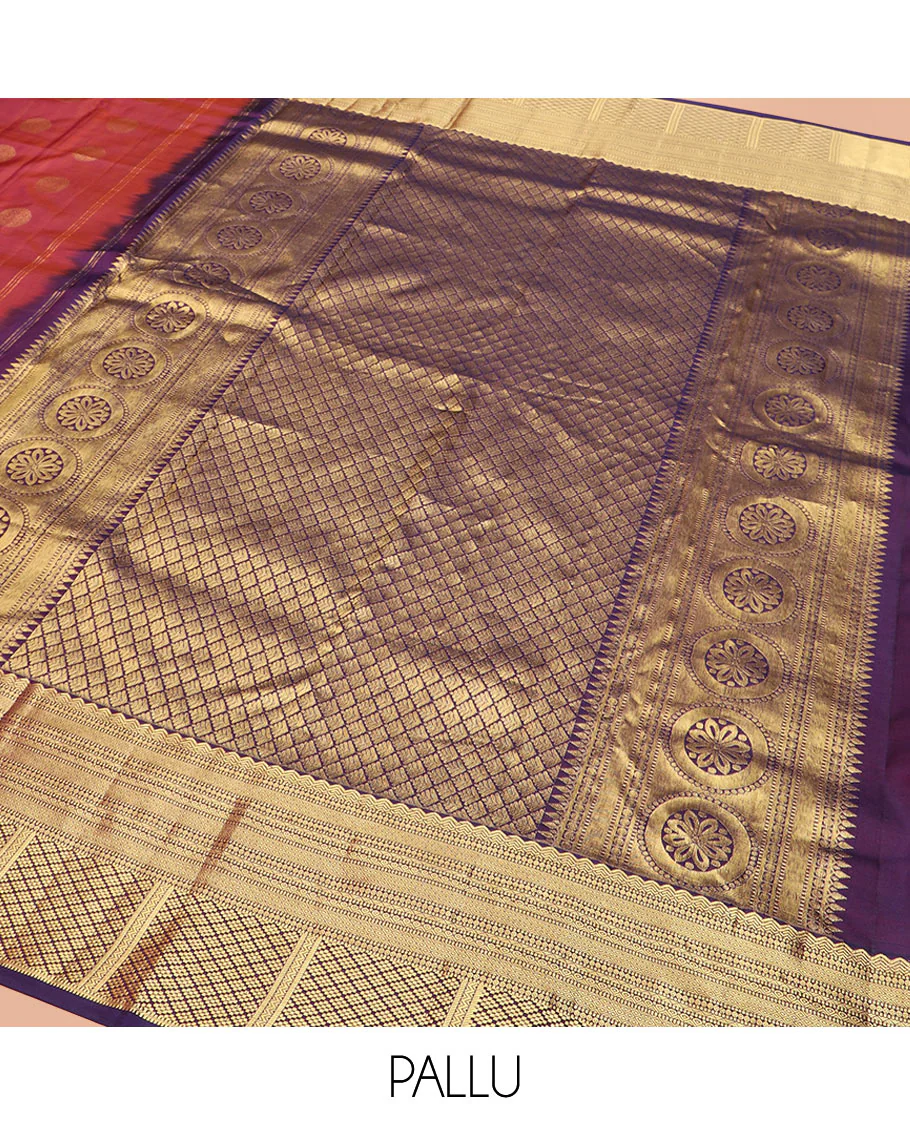 Rosewood Red Vasundhara Silk Saree Spotlighted with Chakram Buttas, Highlighted with a Contrast Border of Rekku, Muthu, Mayil Kann, and Jaal Designs, Pallu Majestically Detailed with Jaal Design, and Paired with a Contrast Blouse - Image 5