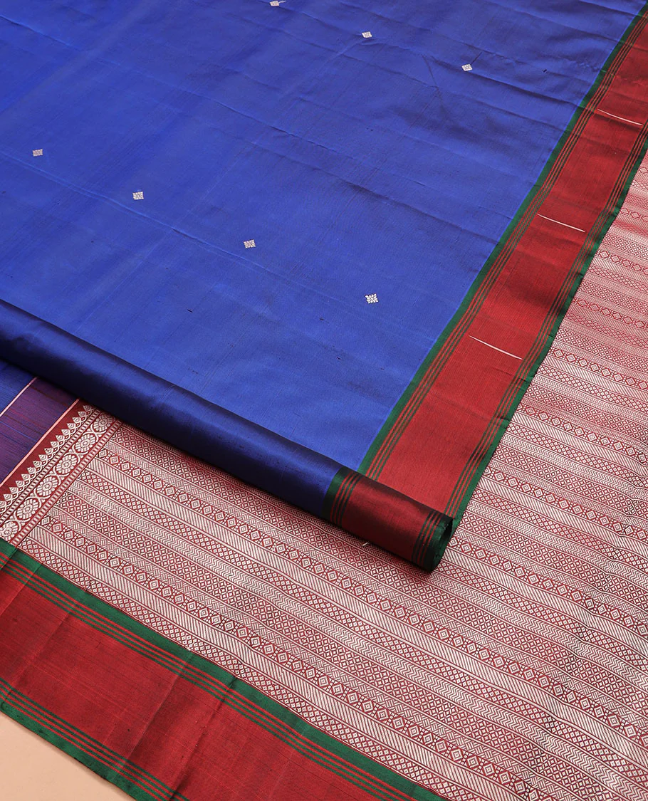 Royal blue buttas Kanchipuram silk saree, contrast border of malli mokku designs, and pallu of geometric designs - Image 2
