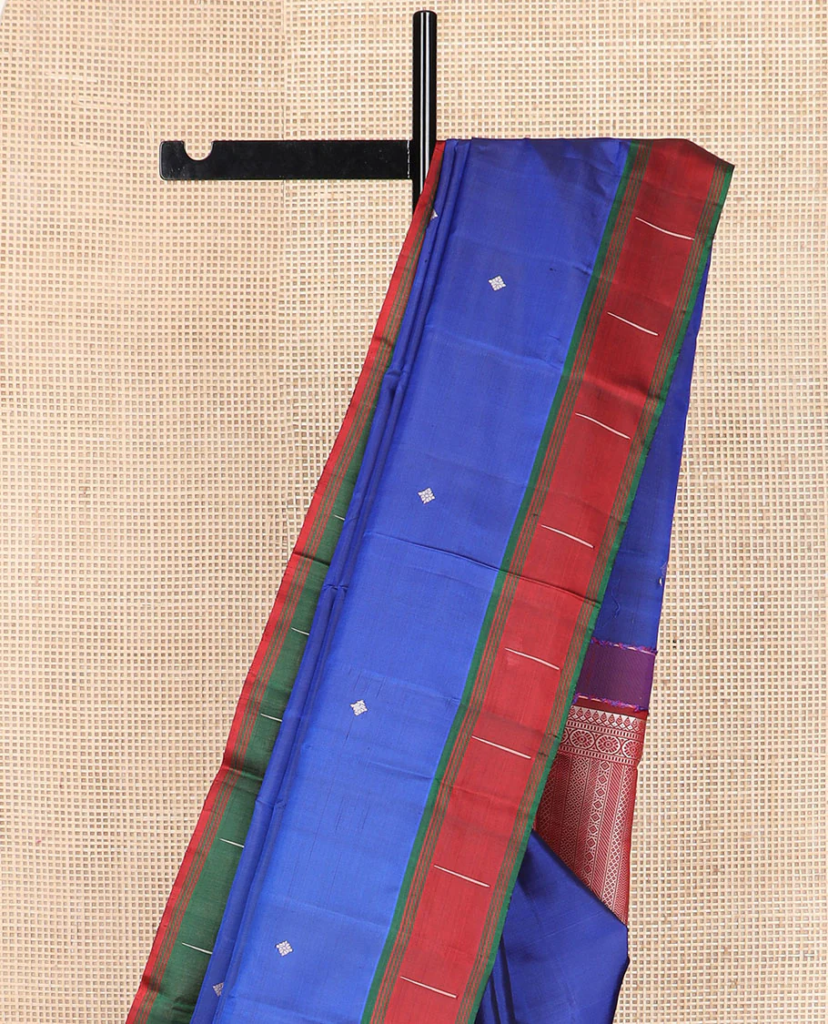 Royal blue buttas Kanchipuram silk saree, contrast border of malli mokku designs, and pallu of geometric designs - Image 4