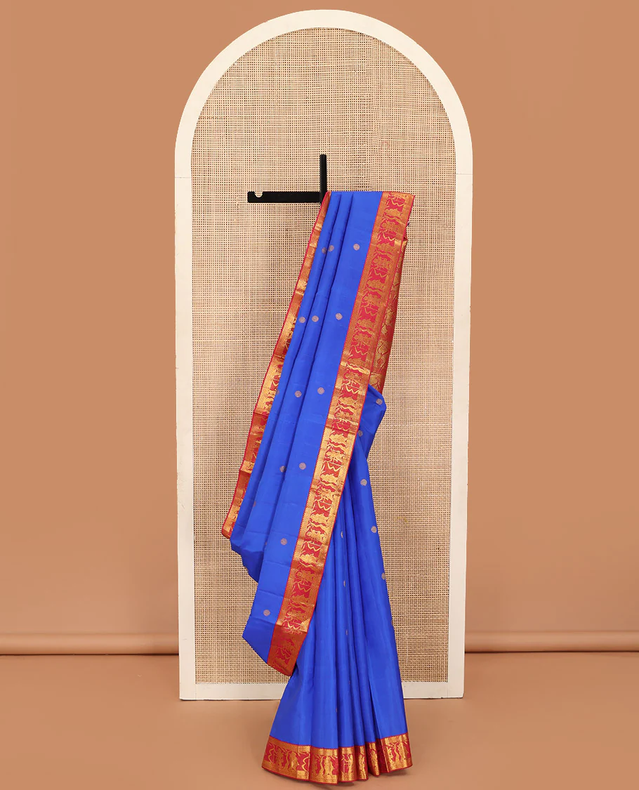 Royal blue chakram buttas Kanchipuram silk saree, contrast border of thilakam mokku,kathir, and Mythological characters, and pallu of Mythological motifs - Image 3