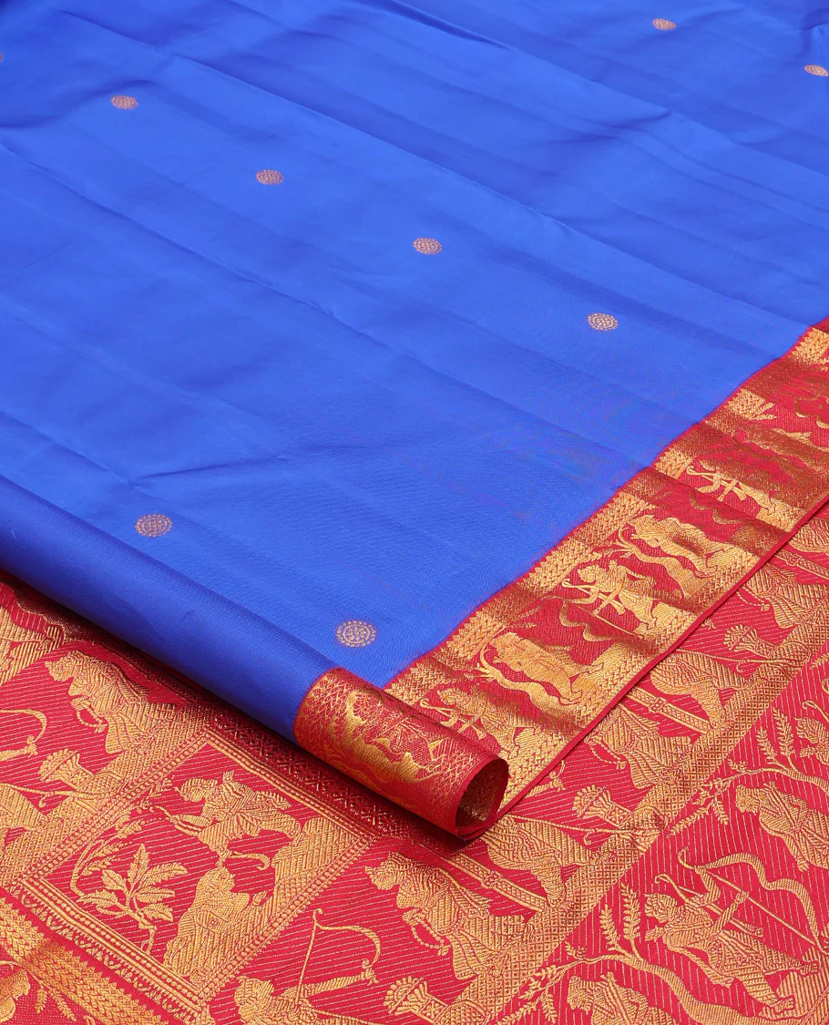 Royal blue chakram buttas Kanchipuram silk saree, contrast border of thilakam mokku,kathir, and Mythological characters, and pallu of Mythological motifs - Image 4