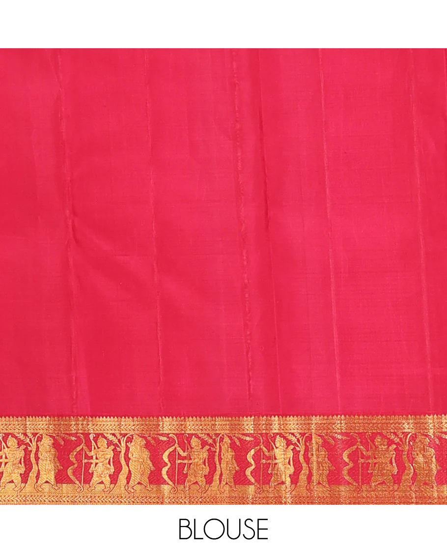 Royal blue chakram buttas Kanchipuram silk saree, contrast border of thilakam mokku,kathir, and Mythological characters, and pallu of Mythological motifs - Image 7