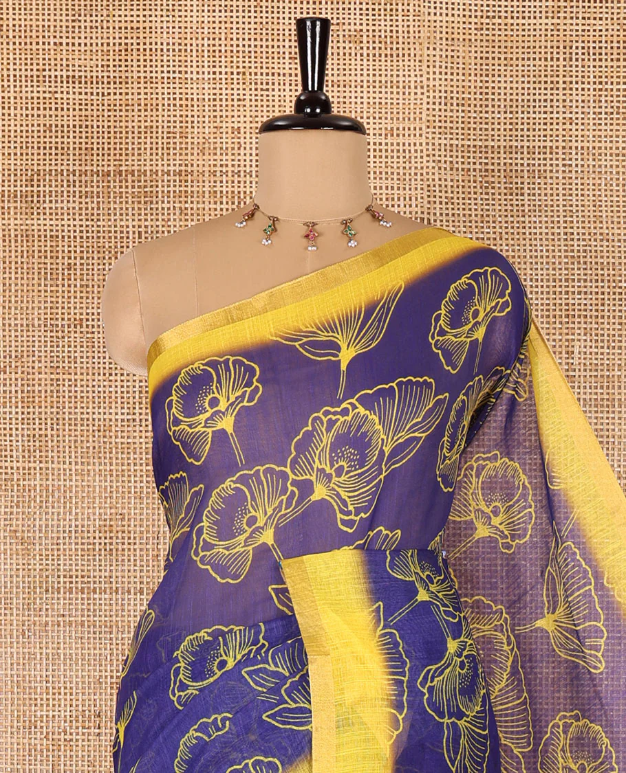 Royal blue floral printed linen cotton saree, contrast piping border, kalamkari floral and peacock printed pallu, and a contrast floral vine printed blouse - Image 2