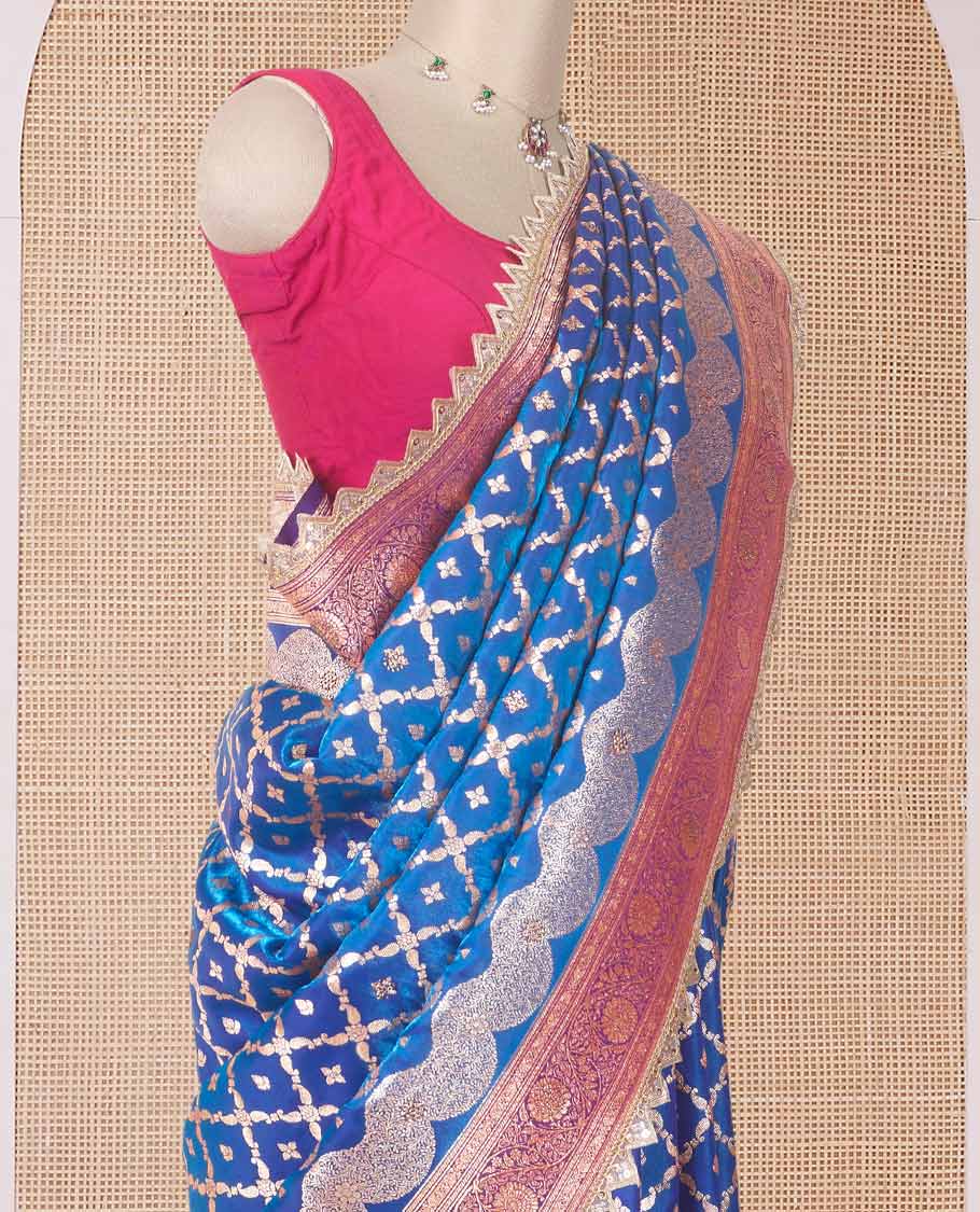 Royal blue jaal jacquard with micro stone work banaras nylon silk saree, contrast floral creeper zari and stone work border, and intricately zari woven pallu - Image 3