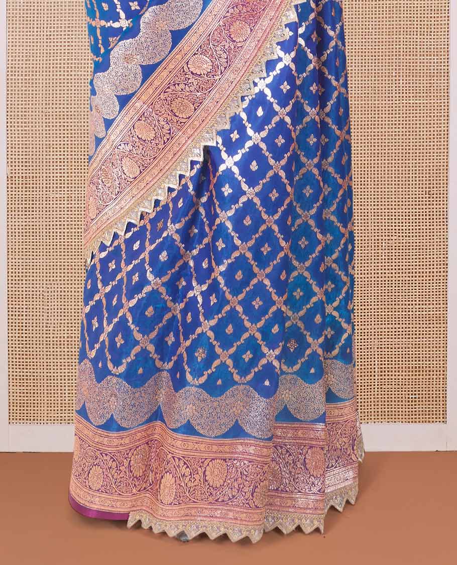 Royal blue jaal jacquard with micro stone work banaras nylon silk saree, contrast floral creeper zari and stone work border, and intricately zari woven pallu - Image 4