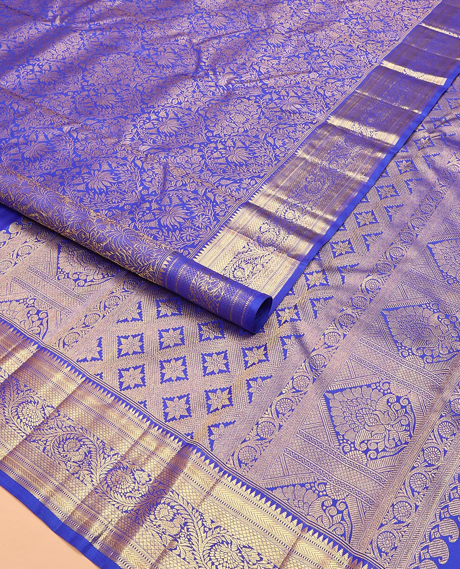 Royal blue jacquard kanchipuram silk saree, zari border of thazampoo rekku, muthu, kathir, kuyil kann, and dhavana kodi designs, and intricate pallu - Image 2